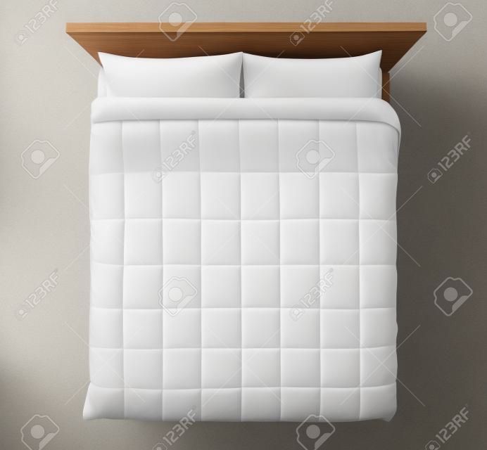 Elegantes Bett mit weichem Weißbett, Bettwäsche und Kissen, Draufsicht