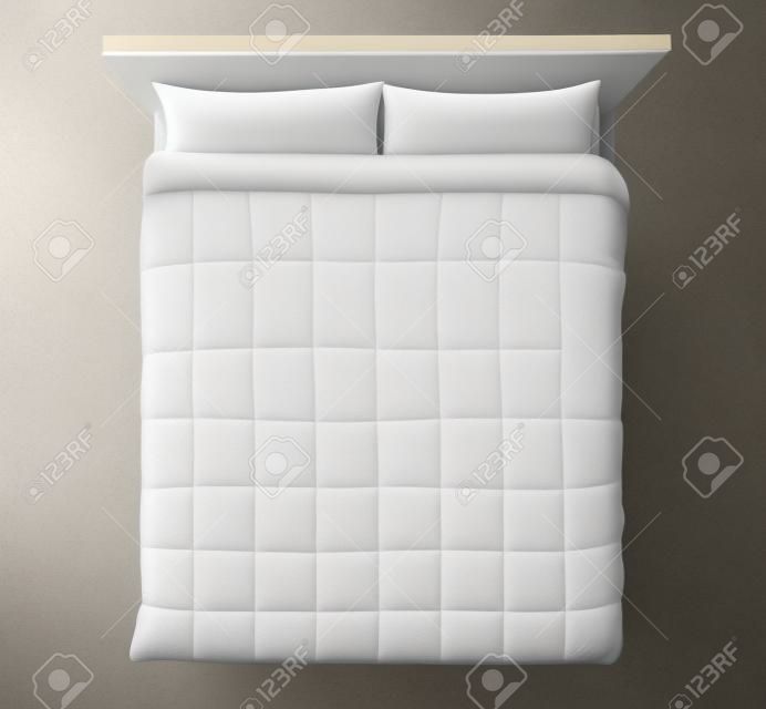 Elegantes Bett mit weichem Weißbett, Bettwäsche und Kissen, Draufsicht