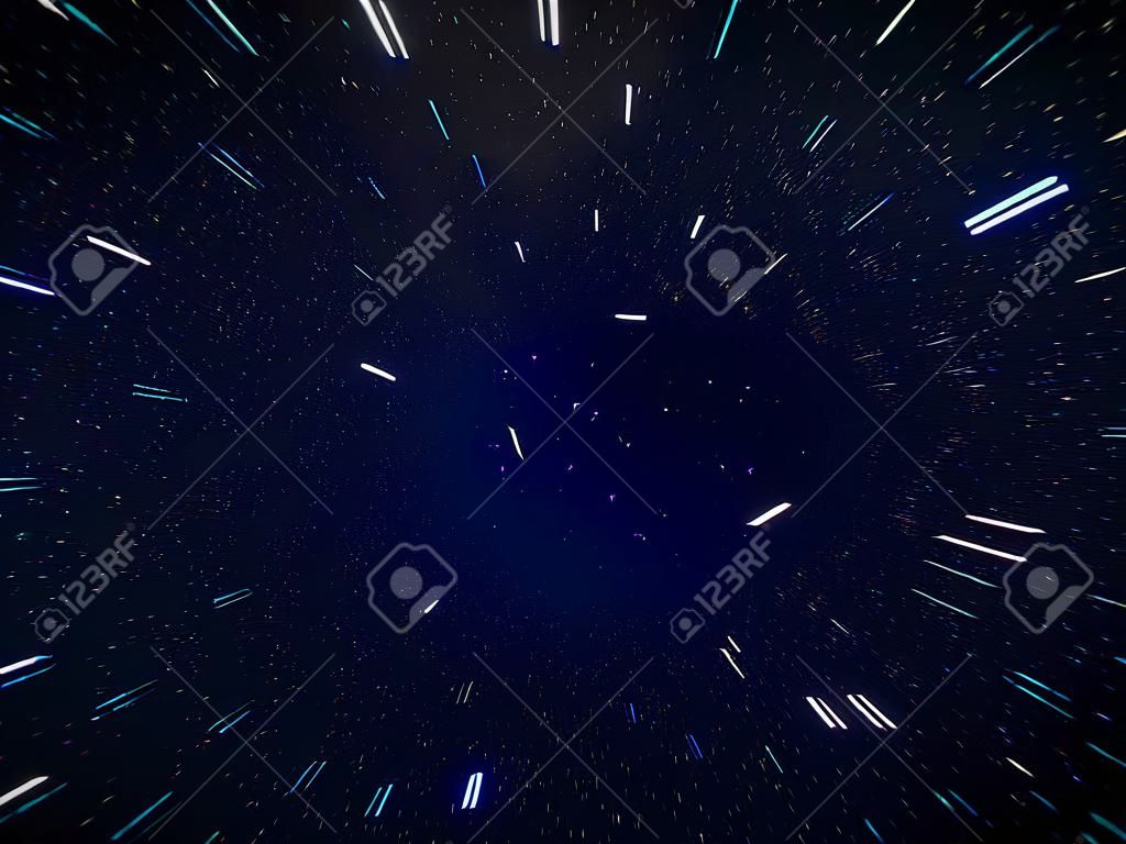 Sternenfeld-Hyperraumsprung im Hintergrund der Galaxienreise (3D-Darstellung).