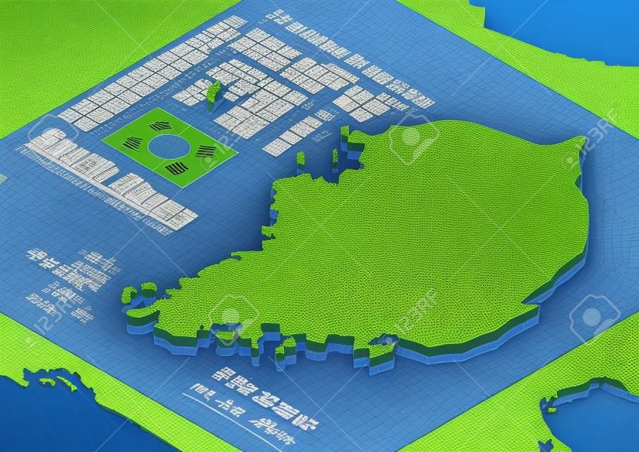 Zuid-Korea kaart driedimensionaal