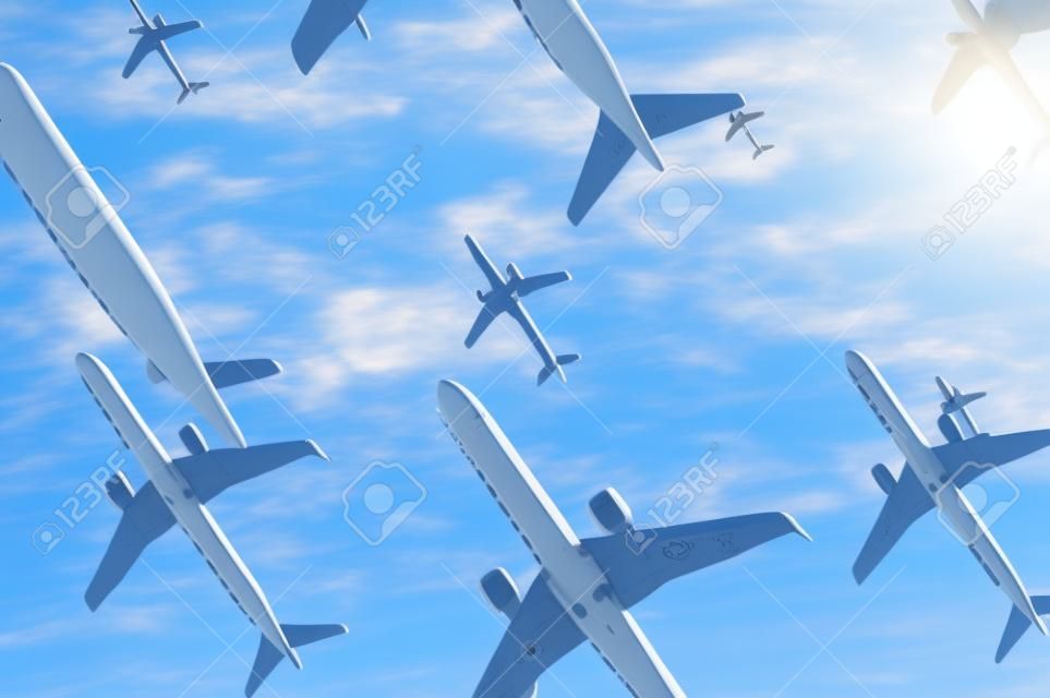 Flugzeuge am Hintergrund des blauen Himmels