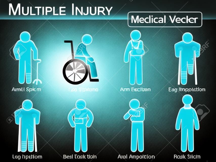 Multiple injury set ( Ankle sprain , Leg fracture , Arm fracture , Leg amputation , Leg fracture , Low back pain , Arm amputation , Neck strain )( Vector Medical stick man , physical therapy concept )