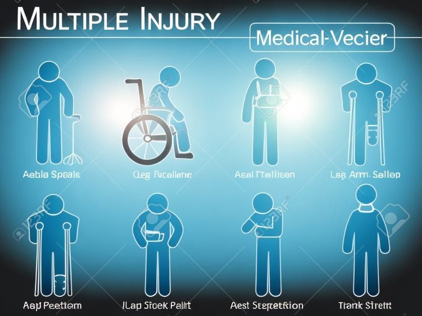 Multiple injury set ( Ankle sprain , Leg fracture , Arm fracture , Leg amputation , Leg fracture , Low back pain , Arm amputation , Neck strain )( Vector Medical stick man , physical therapy concept )