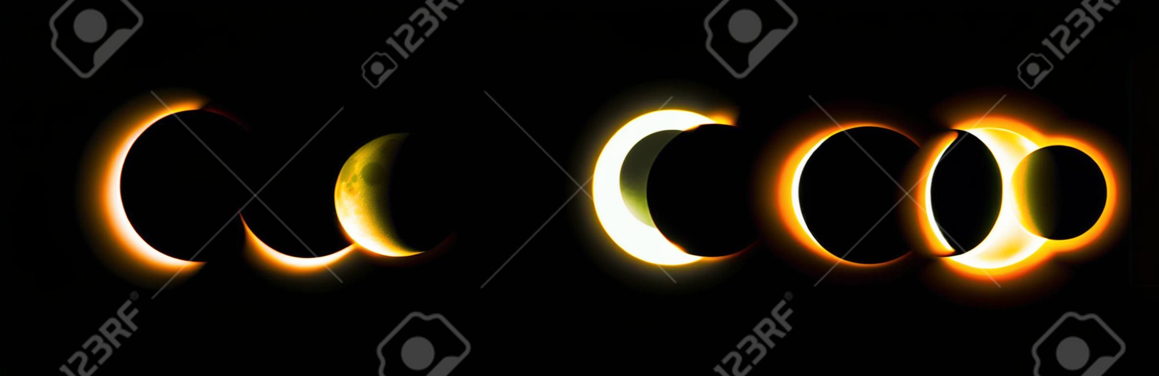 Diverse fasi dell'eclissi solare e lunare. Vettore