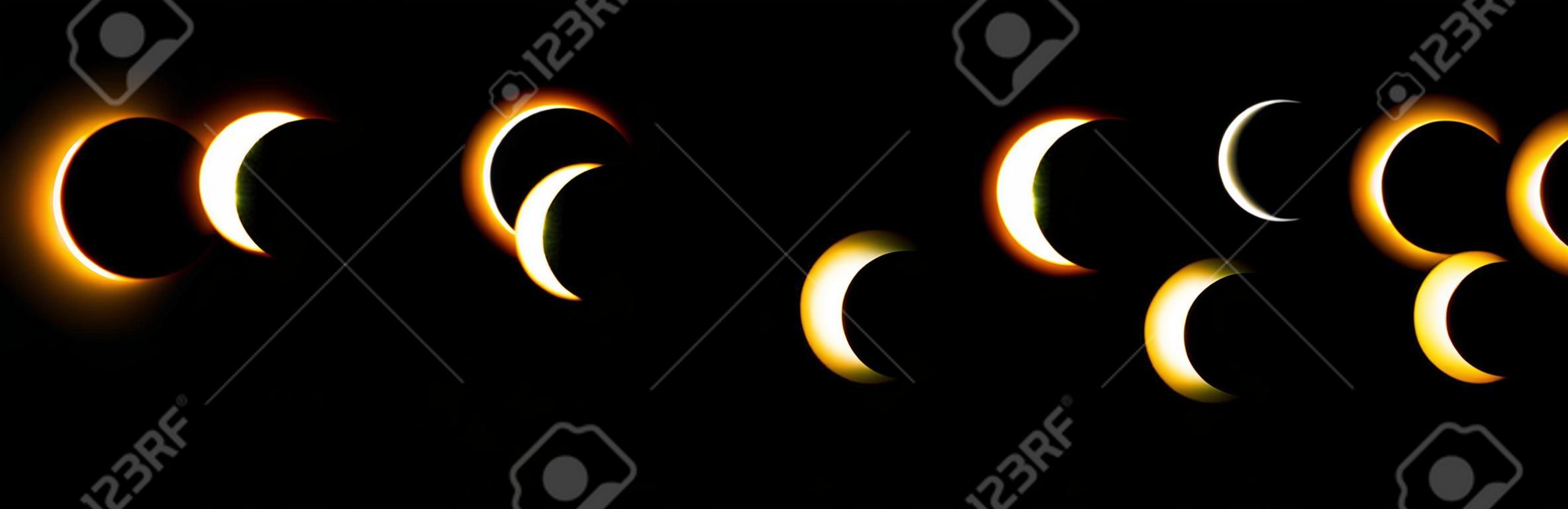 太陽と月の日食のさまざまな段階。ベクトル。