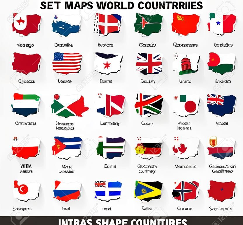 All maps of world countries and flags. Set 1 of 10. Collection of outline shape of international country map with shadow Flat design. Vector.