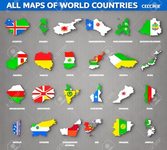 Alle kaarten van de wereld landen en vlaggen. Set 2 van 10. Verzameling van omtrek vorm van internationale landkaart met schaduw. Plat ontwerp. Vector.