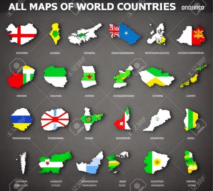 All maps of world countries and flags . Set 2 of 10 . Collection of outline shape of international country map with shadow . Flat design . Vector .