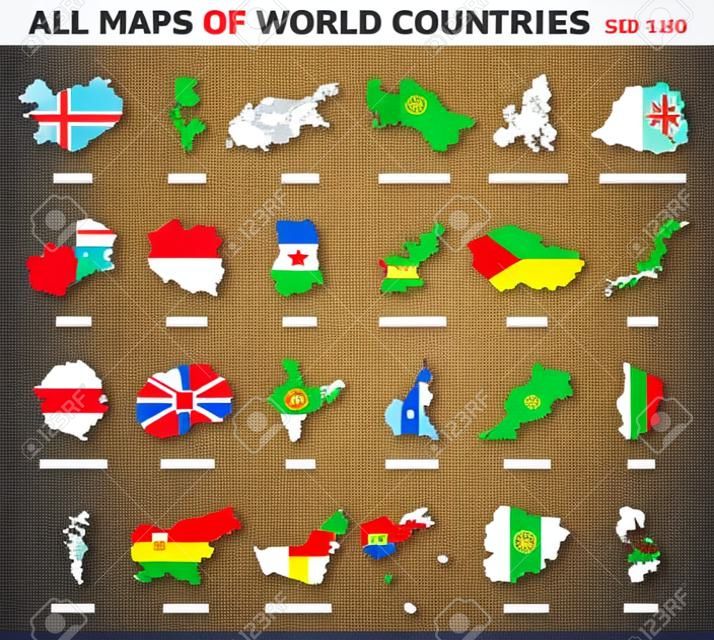 Alle kaarten van de wereld landen en vlaggen. Set 2 van 10. Verzameling van omtrek vorm van internationale landkaart met schaduw. Plat ontwerp. Vector.