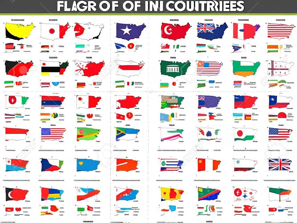 Wszystkie mapy krajów świata i flagi. Kolekcja kształtu konturu międzynarodowej mapy kraju z cieniem. Płaska konstrukcja. Wektor .