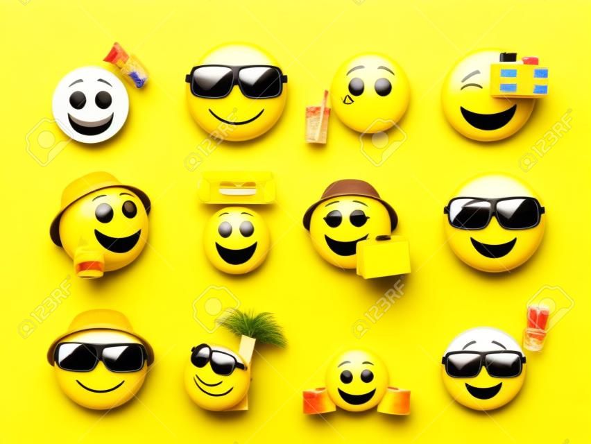 Set van gele smileys worden verzonden naar zomervakantie reizen
