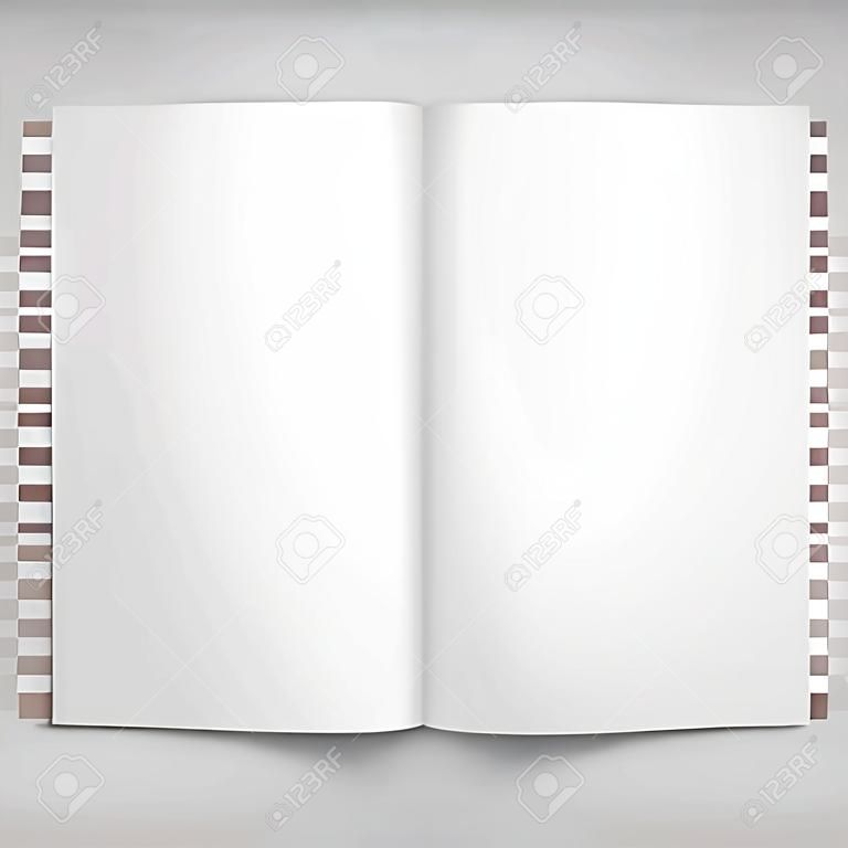 Open magazine double-page spread with blank pages. Isolado white paper Vector white blank magazine spread on white background. Livro Spread With Blank White Pages