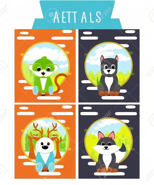 かわいい動物カードのセットベクトルイラスト。