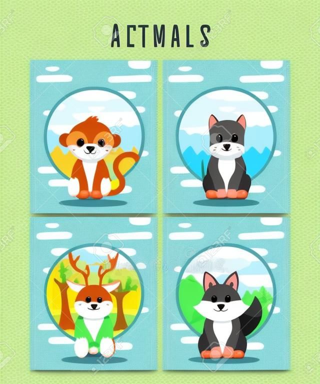 かわいい動物カードのセットベクトルイラスト。