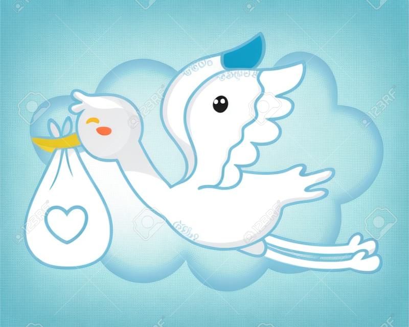 cute baby shower stork holding baby bag cartoon vector illustration graphic design
