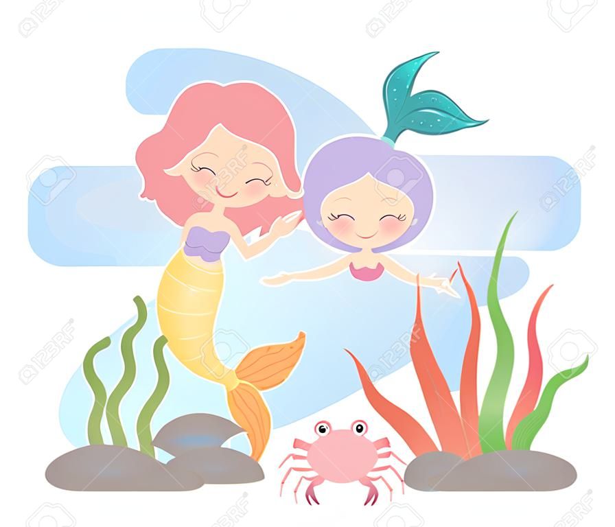 mermaids and crab reef coral cartoon under the sea