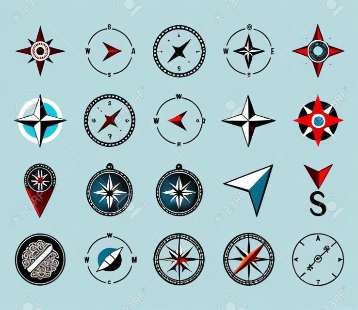 compass rose navigation cartography travel explore equipment icons set vector illustration line design icon