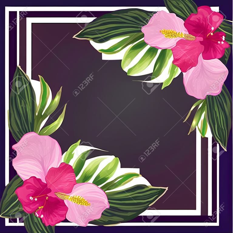 bloemen hibiscus bloemen bladeren natuur paars frame, vector illustratie schilderij ontwerp