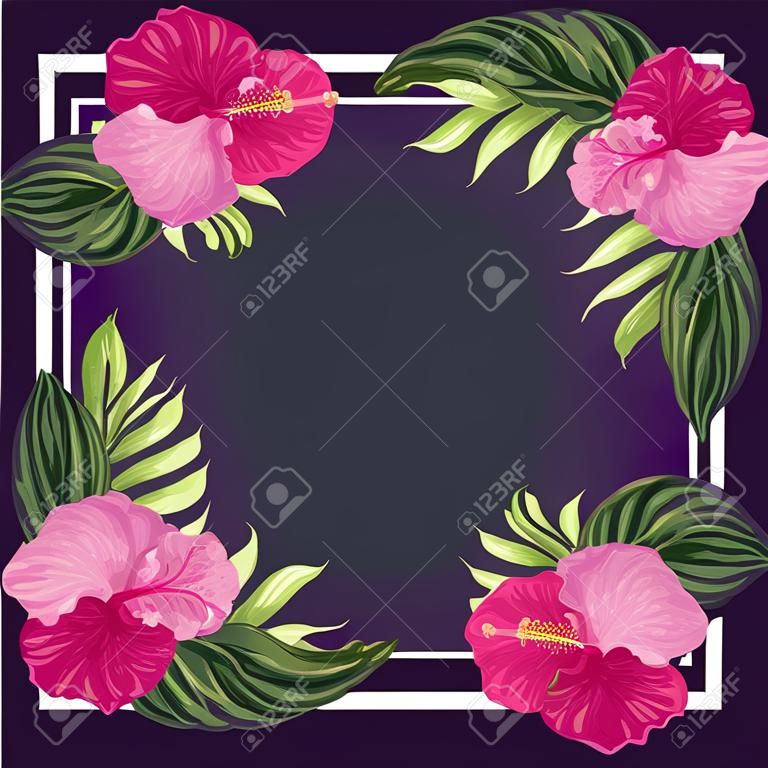 bloemen hibiscus bloemen bladeren natuur paars frame, vector illustratie schilderij ontwerp