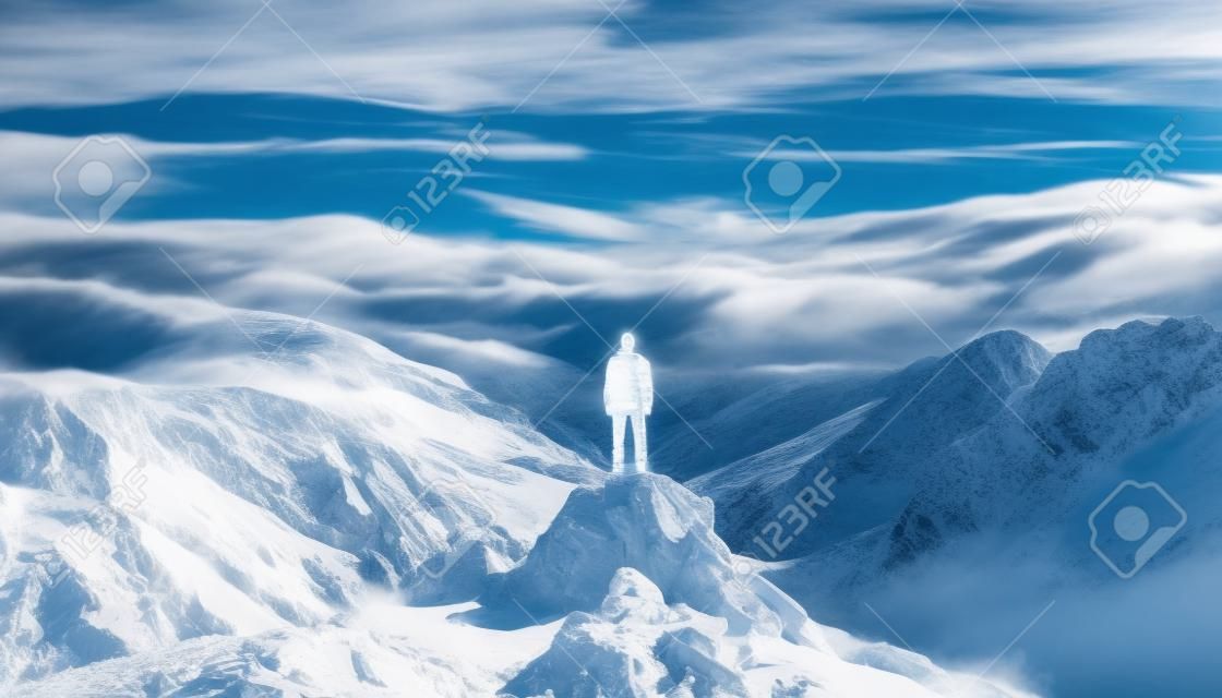 One person standing on mountain peak, success generated by artificial intelligence