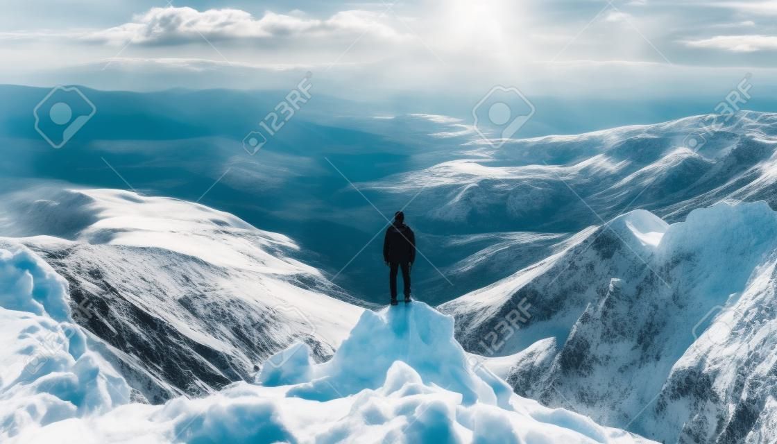 One person standing on mountain peak, success generated by artificial intelligence