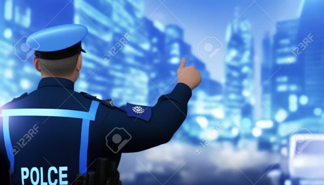 Jeden policjant stojący na zewnątrz i wskazujący na wieżowiec wygenerowany przez sztuczną inteligencję