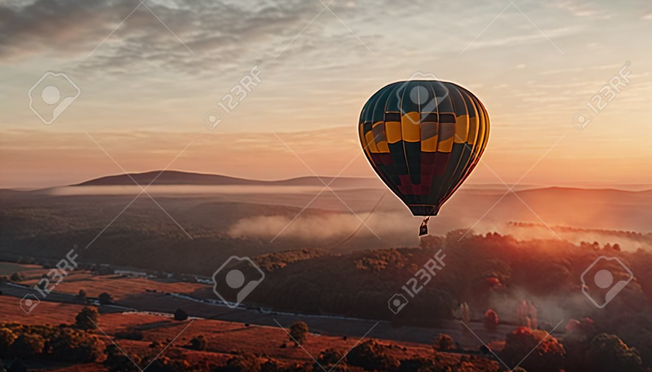 Przygoda z balonem na ogrzane powietrze w naturze latająca nad górskim krajobrazem generowana przez sztuczną inteligencję