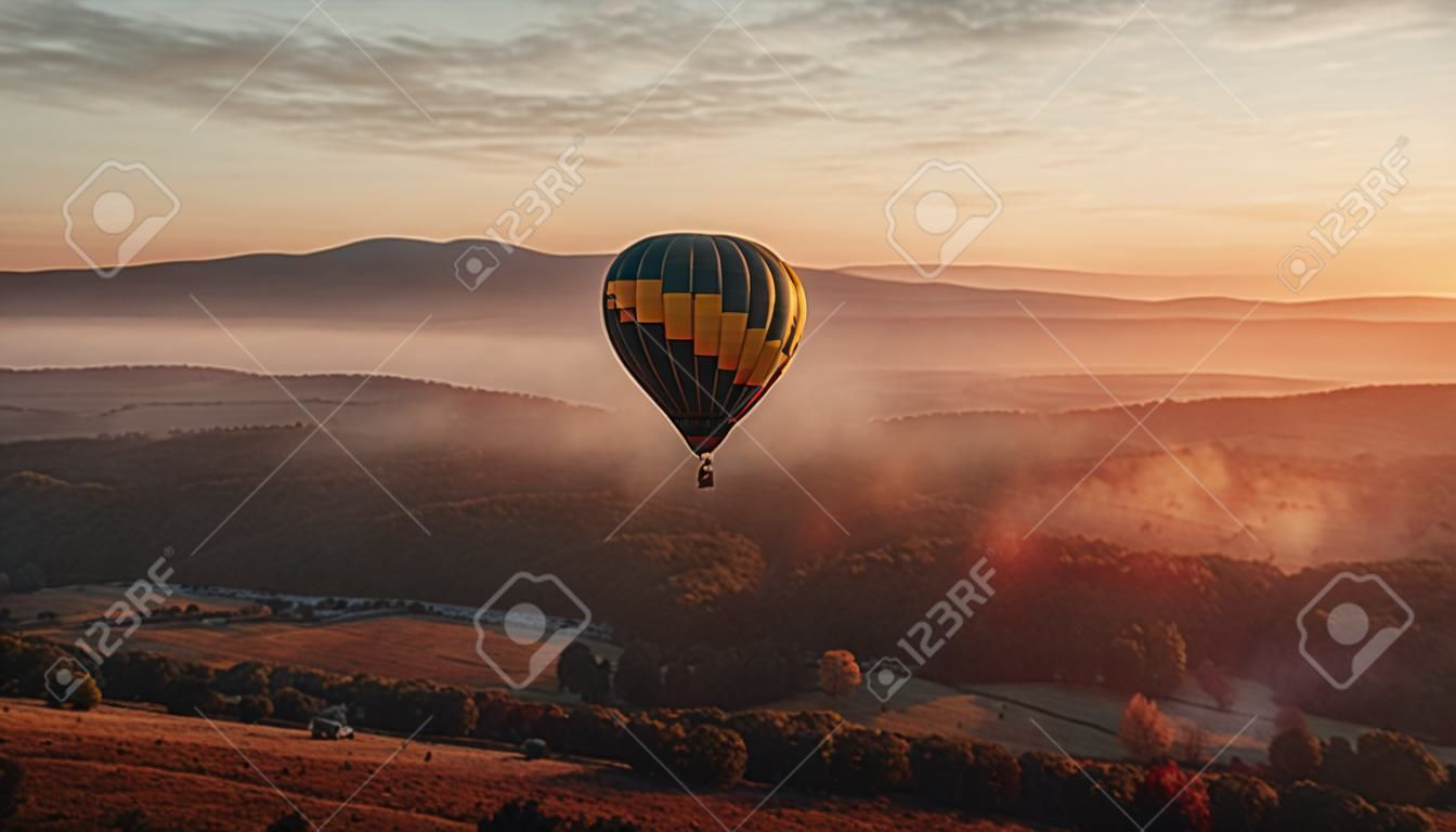 Hot air balloon adventure in nature, flying over mountain landscape generated by artificial intelligence