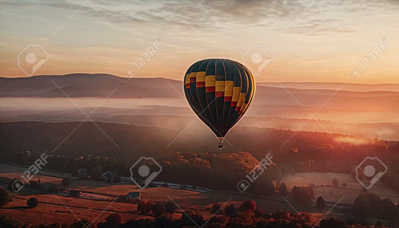 人工知能によって生成された山の風景の上を飛ぶ、自然の中での熱気球の冒険