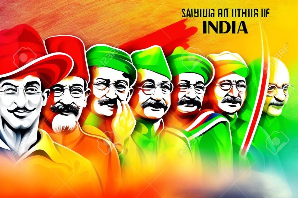 Иллюстрация фона Триколор Индия с героем нации и борцом за свободу, такими как Махатма Ганди, Бхагат Сингх, Субхаш Чандра Бос, на День независимости