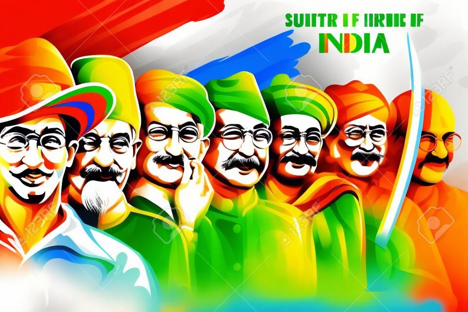 illustration of Tricolor India background with Nation Hero and Freedom Fighter like Mahatma Gandhi, Bhagat Singh, Subhash Chandra Bose for Independence Day