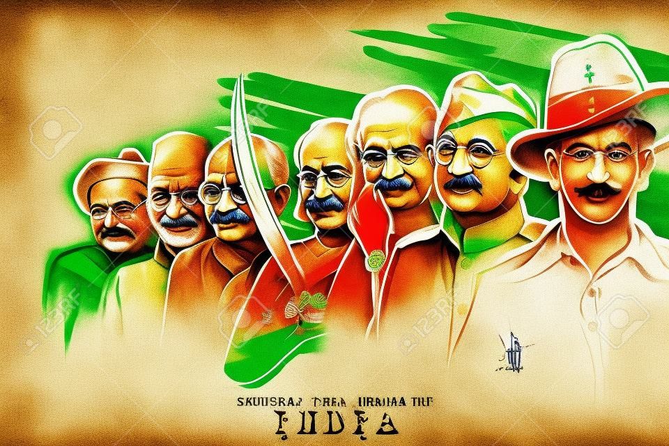 Bağımsızlık Günü için Mahatma Gandhi, Bhagat Singh, Subhash Chandra Bose gibi Ulus Kahramanı ve Özgürlük Savaşçısı ile Üç Renkli Hindistan arka planının resmi