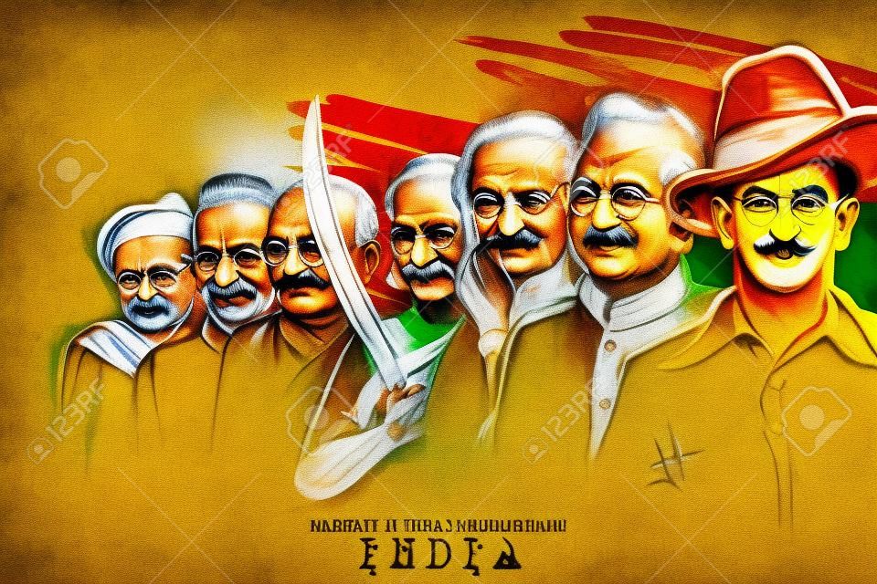 illustrazione dello sfondo tricolore dell'India con Nation Hero e Freedom Fighter come Mahatma Gandhi, Bhagat Singh, Subhash Chandra Bose per il Giorno dell'Indipendenza