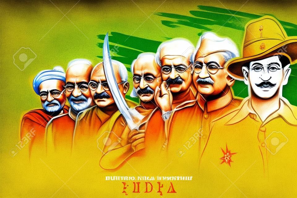 Иллюстрация фона Триколор Индия с героем нации и борцом за свободу, такими как Махатма Ганди, Бхагат Сингх, Субхаш Чандра Бос, на День независимости