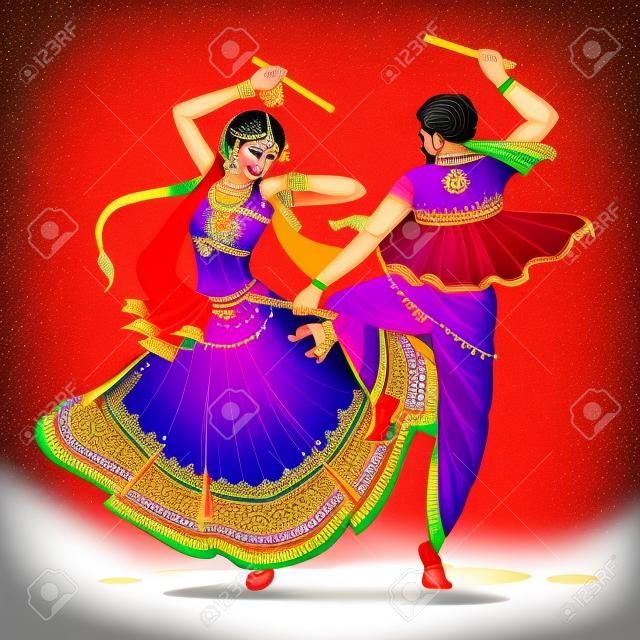 illustrazione di una coppia che suona Dandiya in discoteca Garba Night banner poster per Navratri Dussehra festival of India