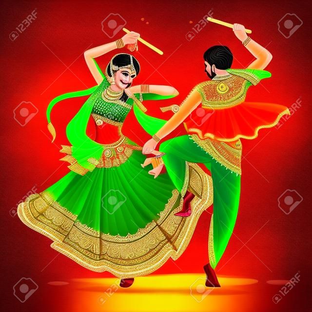 illustration of couple playing Dandiya in disco Garba Night banner poster for Navratri Dussehra festival of India