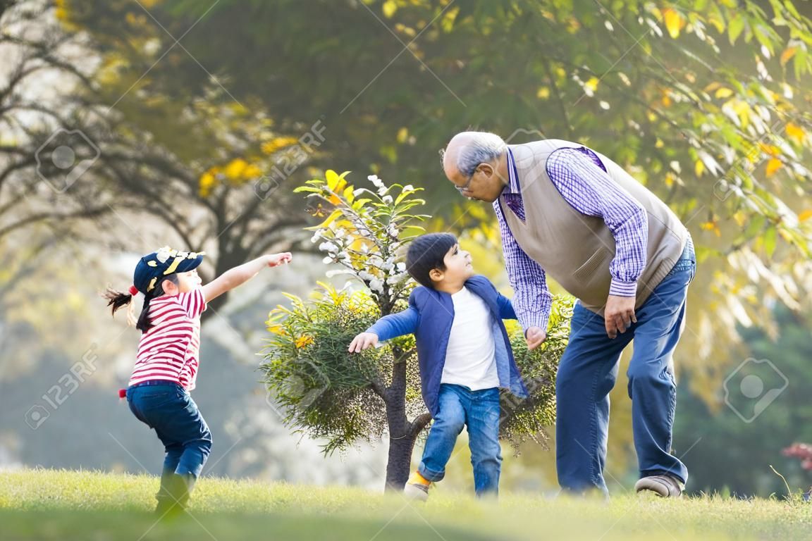 Grandfather playing with grandchildren at park