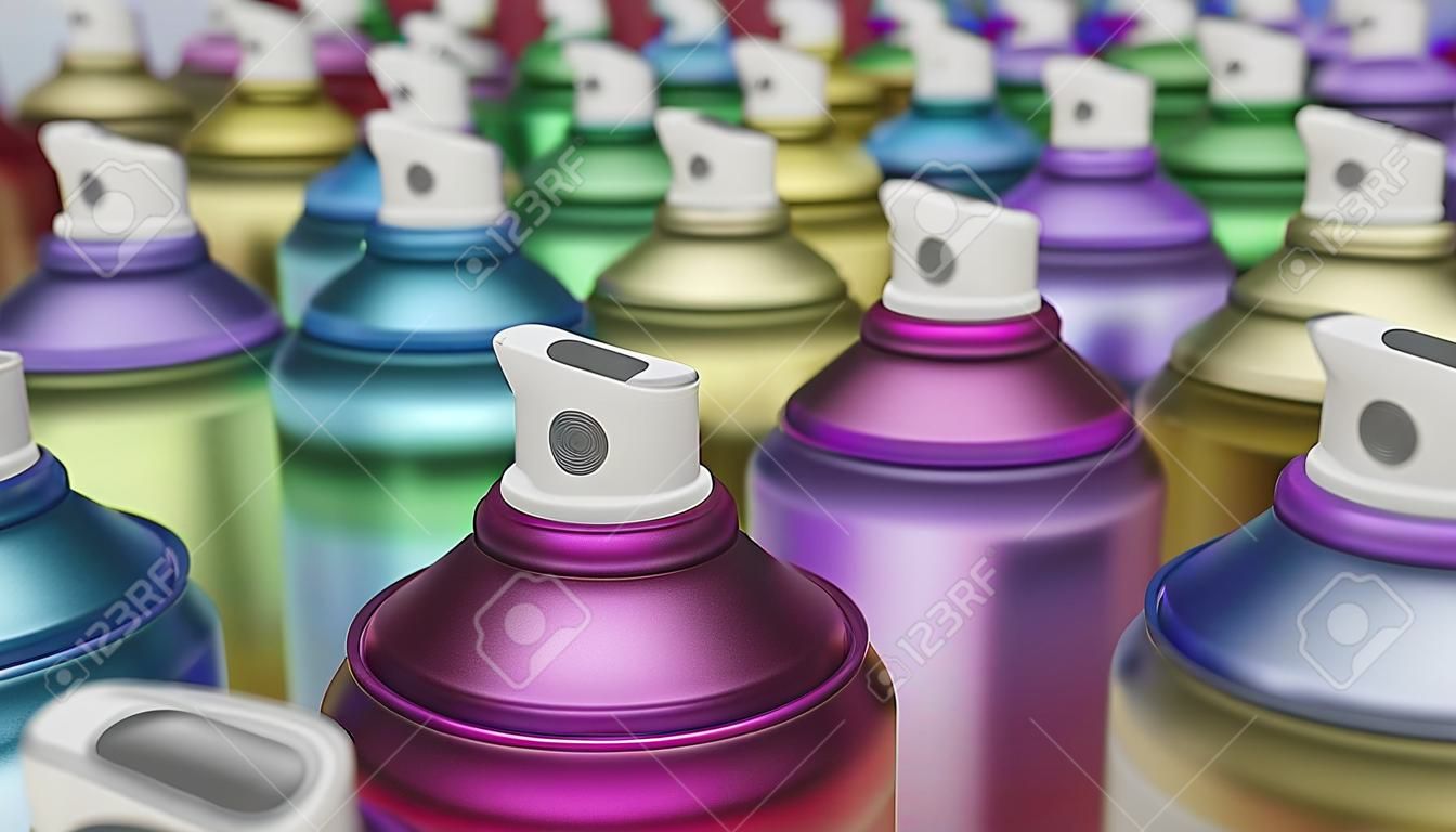 Numerous brightly colored aerosol cans presented with a shallow depth of field. This image is a 3d render.