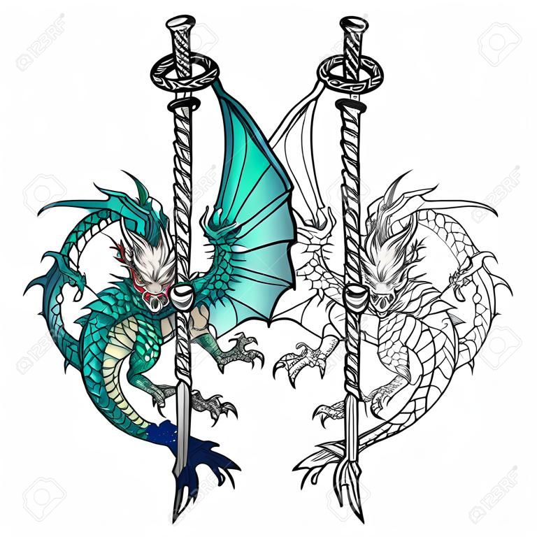 Arte del tatuaggio drago disegno a mano in bianco e nero e colori schizzo