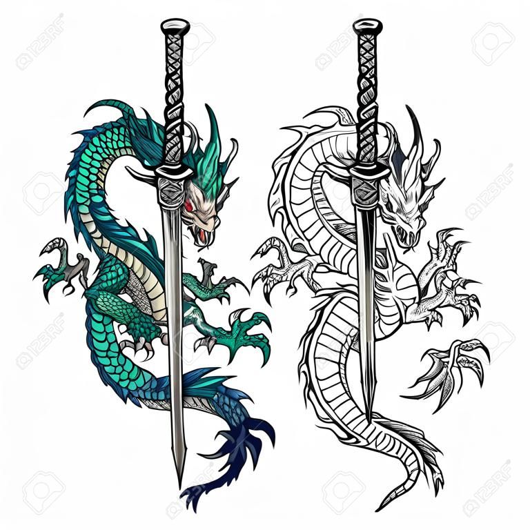 Tatuagem arte dragão mão desenho preto e branco e esboço cores