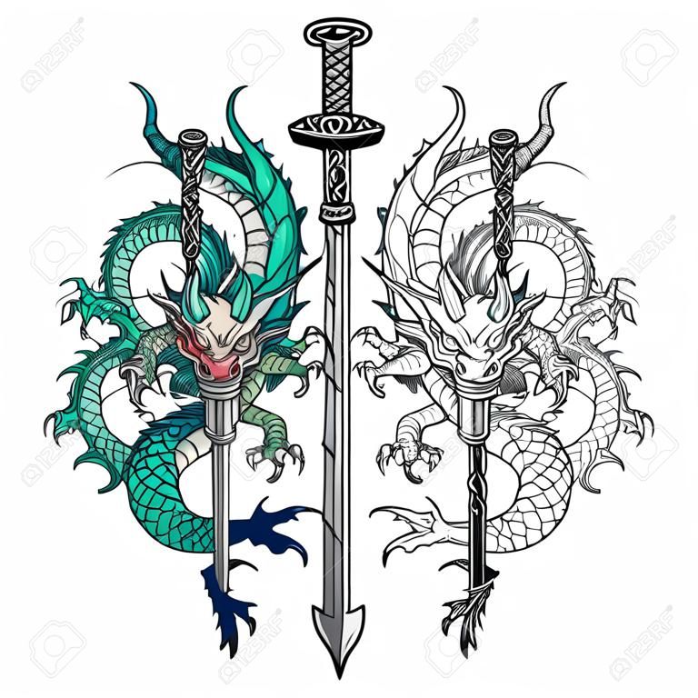 Arte del tatuaggio drago disegno a mano in bianco e nero e colori schizzo