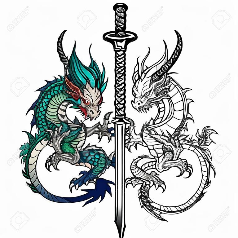 Tatuagem arte dragão mão desenho preto e branco e esboço cores