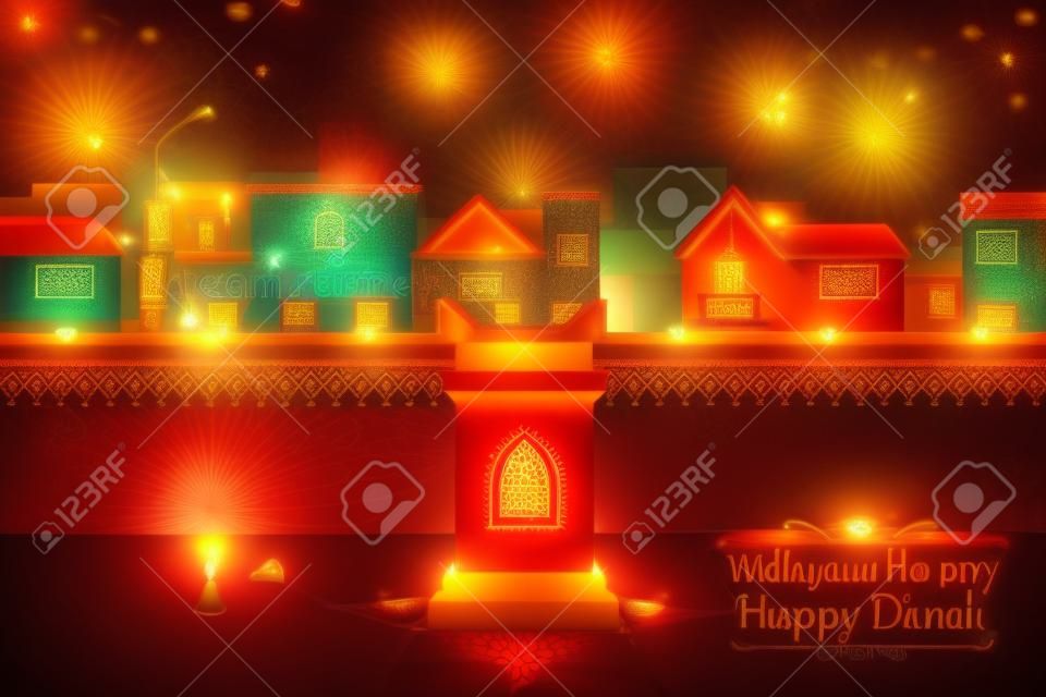 illustrazione di casa indiana decorata con diya nella notte Diwali