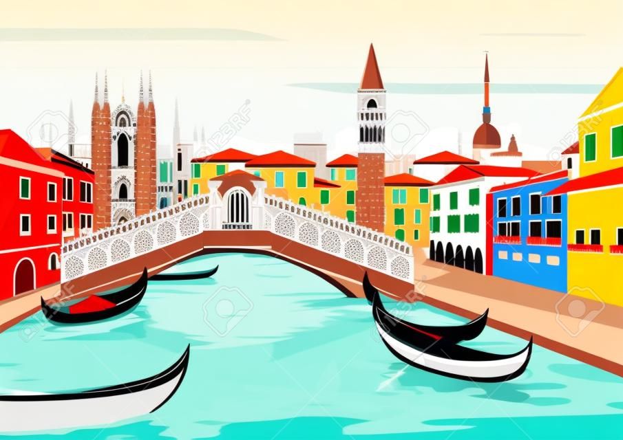 ilustração vetorial, de, cityscape, de, veneza, itália