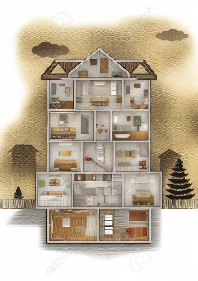 Darstellung von Haus in Schnittansicht mit detaillierten Interieur und Möbel