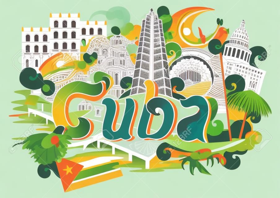 ilustración vectorial de Doodle que muestra la arquitectura y la cultura de Cuba