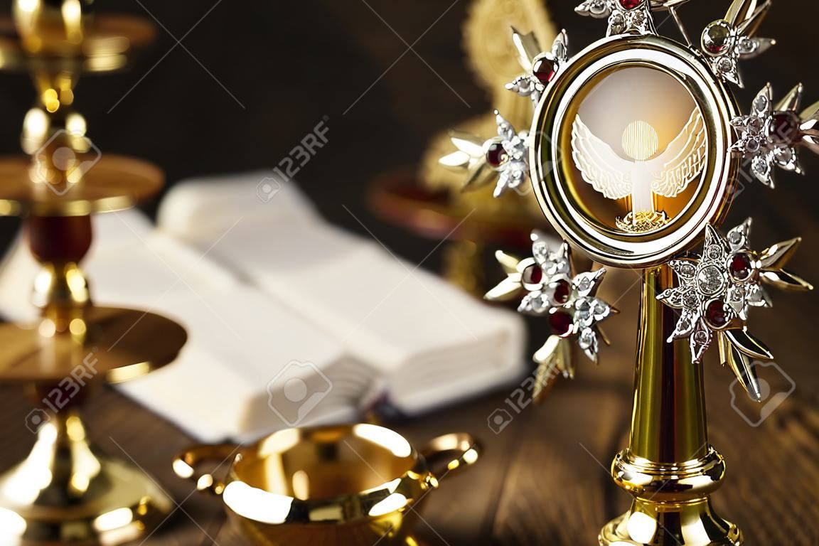 Religion, Christianity, Catholic concept. Wooden table and background.