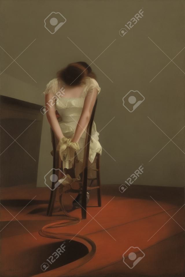 Jonge vrouw gebonden aan een stoel in een lege kamer