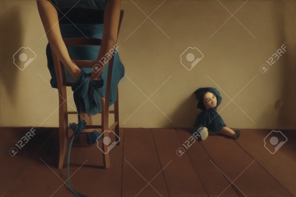 Young woman tied to a chair in a empty room