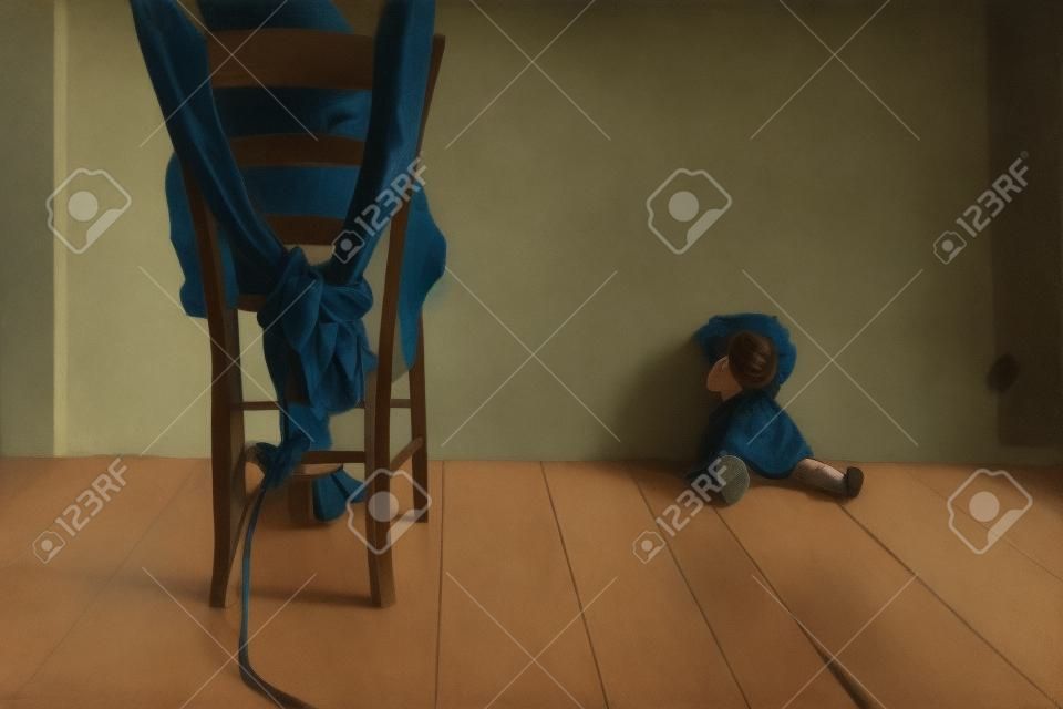 Jovem mulher amarrada a uma cadeira em um quarto vazio